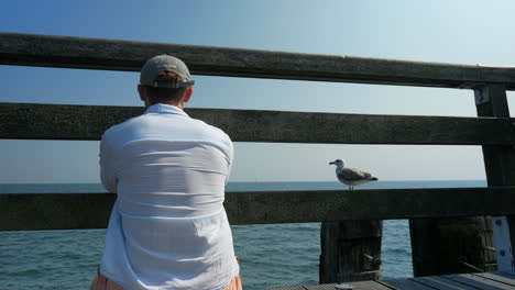 Close-up-shot-of-thoughful-man-enjoying-wide-ocean-view-with-seagull-during-sunny-day