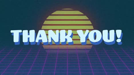 digital animation of thank you text over grid network against yellow circle on blue background