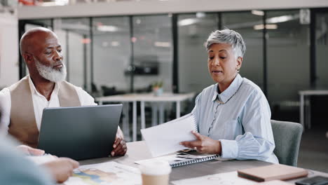 laptop, documents and meeting with a business team