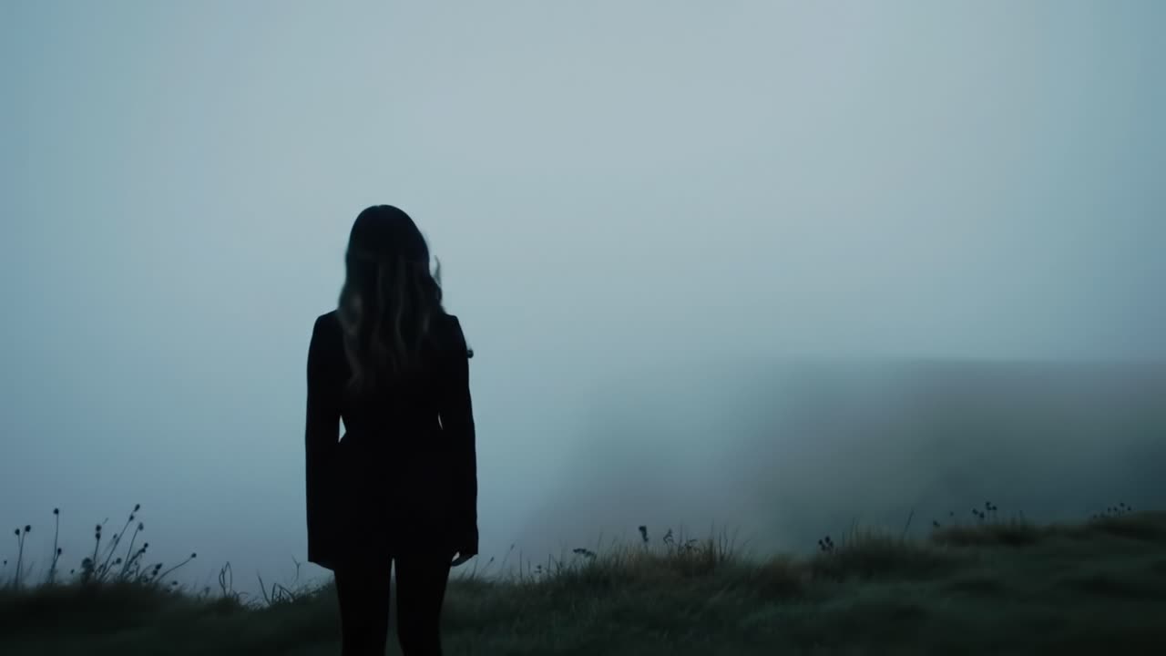A woman stands in a foggy environment, gazing into the distance. The ambiance is mysterious as the dense fog envelops the surrounding mountains. It’s an early morning scene filled with calmness.
