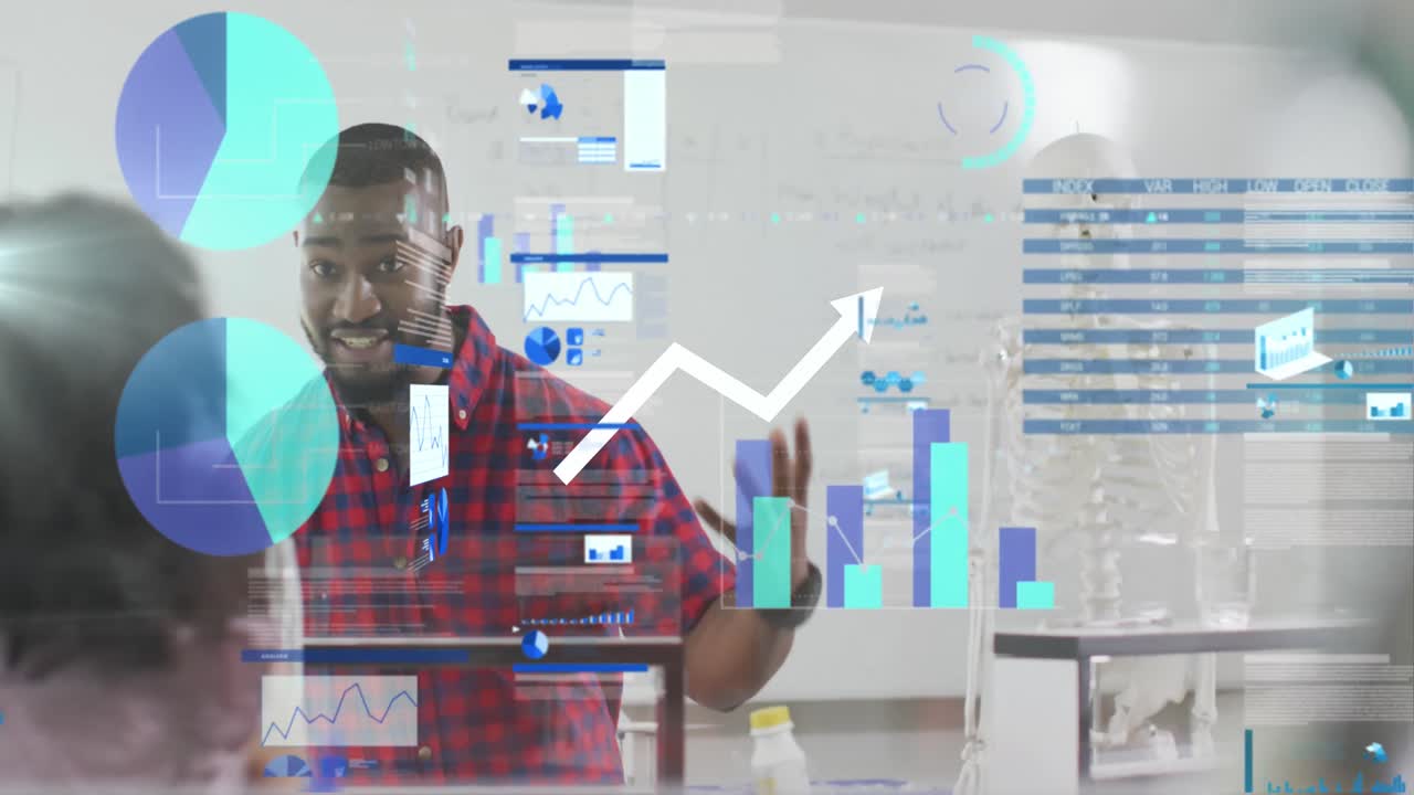 animación de datos con gráficos y gráficos contra el tutor africano que enseña biología en el aula