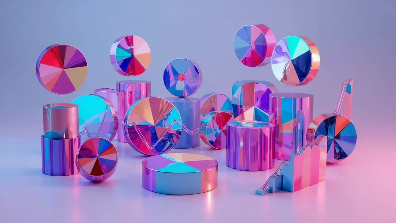 Abstract 3D Render of Colorful Metallic Geometric Shapes and Pie Charts