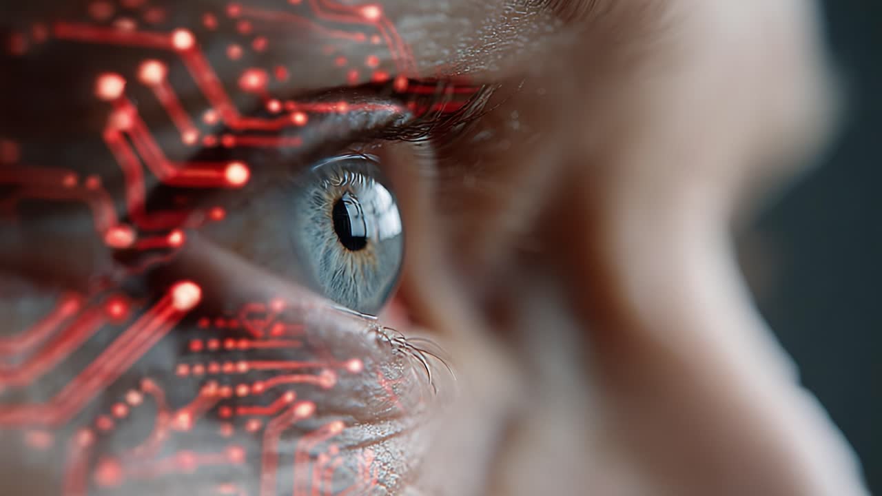 Exploring the Fusion of Humanity and Technology: A Close-Up on a Futuristic Eye Embellished with Circuit Patterns, Symbolizing the Age of Cyborgs and Digital Connection