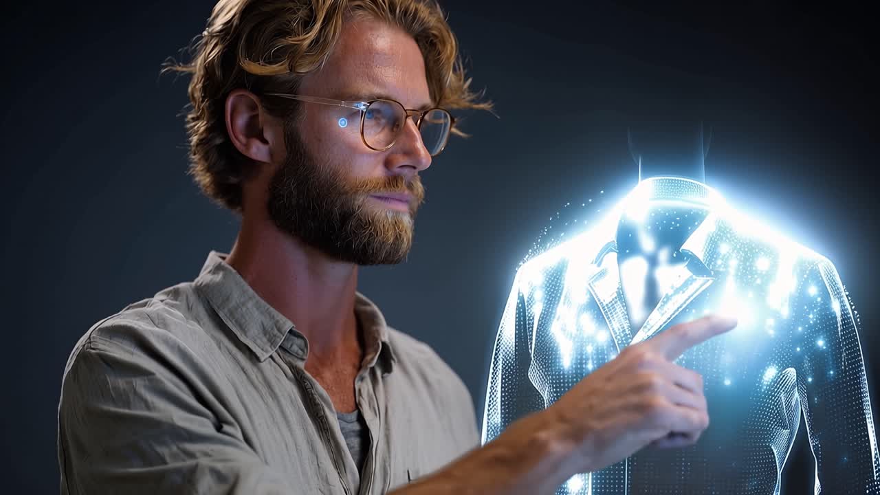 Man with glasses touches glowing virtual garment. His gaze focuses intently on digital fabric. Light pulses softly around the fabric's surface. He suggests advanced design or virtual try-on
