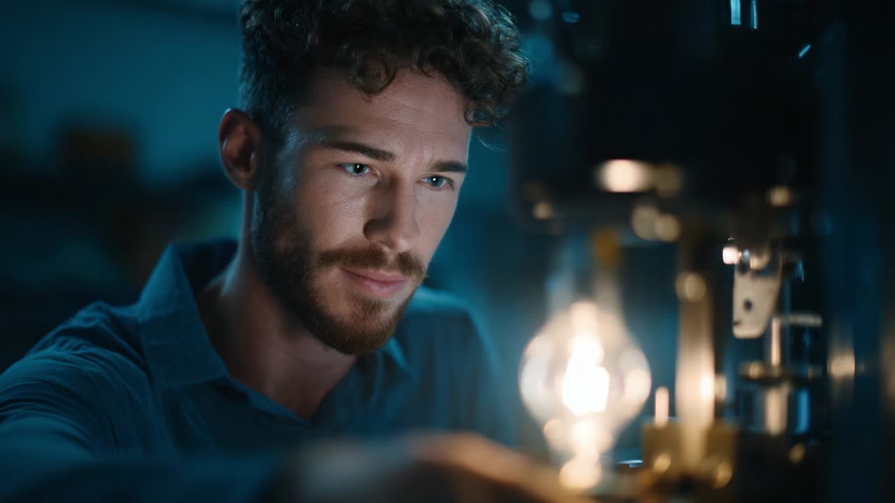 An Introspective Moment: A Focused Individual Engaging with Light Technology, Capturing the Calm Before the Illumination in a Dimly Lit Workshop Setting