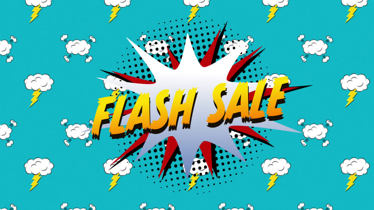 파란색 배경에 대한 음성 거품에 플래시 판매 텍스트
