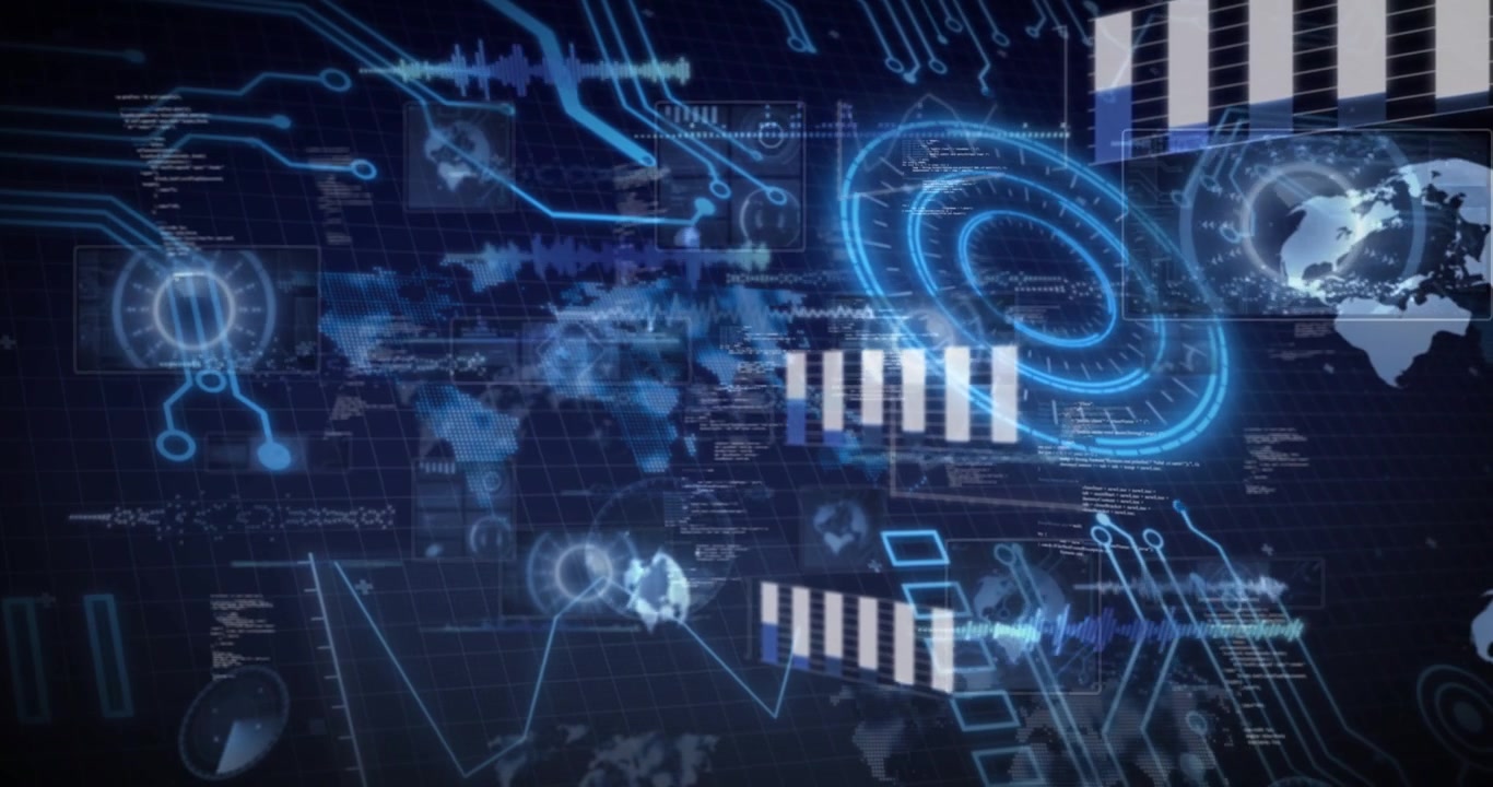 Radar ring pulsing, hologram data UI expanding, bars sliding, code streaming, forming dashboard