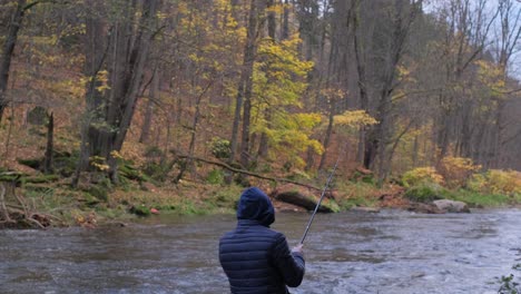a fisherman holding a rod for catching predatory fish and turning the handle of the reel that is a fisherman holding a rod for catching predatory fish and turning the handle of the reel that is wound on the fishing line a man catches fish in a mountain river