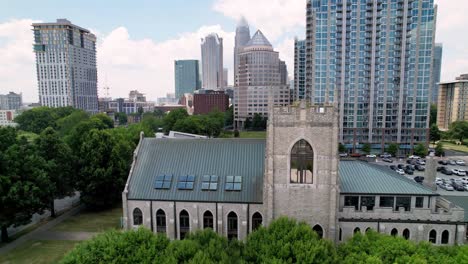 charlotte nc, charlotte north carolina skyline with church in foreground aerial