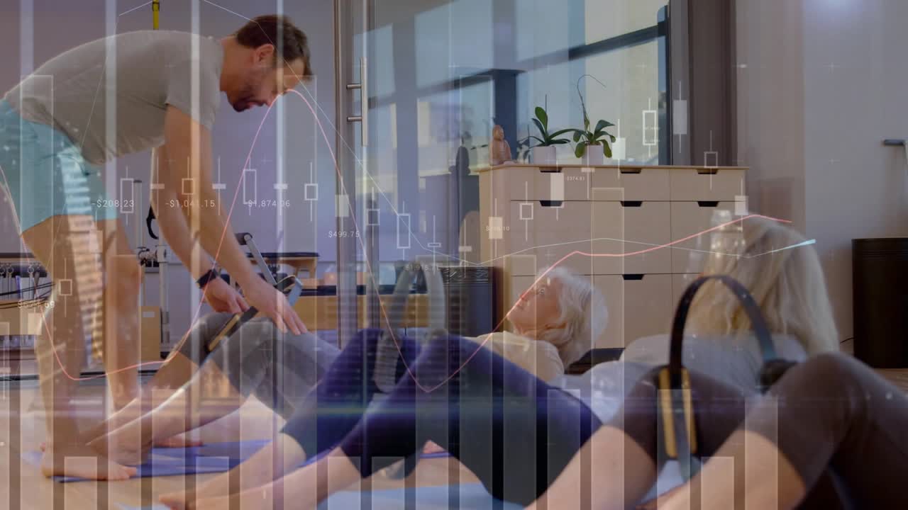 Fitness coach cueing senior women bridging on mats, adjusting rings, correcting form with waveforms