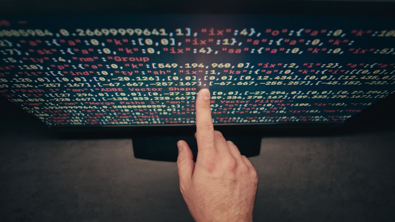 Hand pointing at code on a computer screen