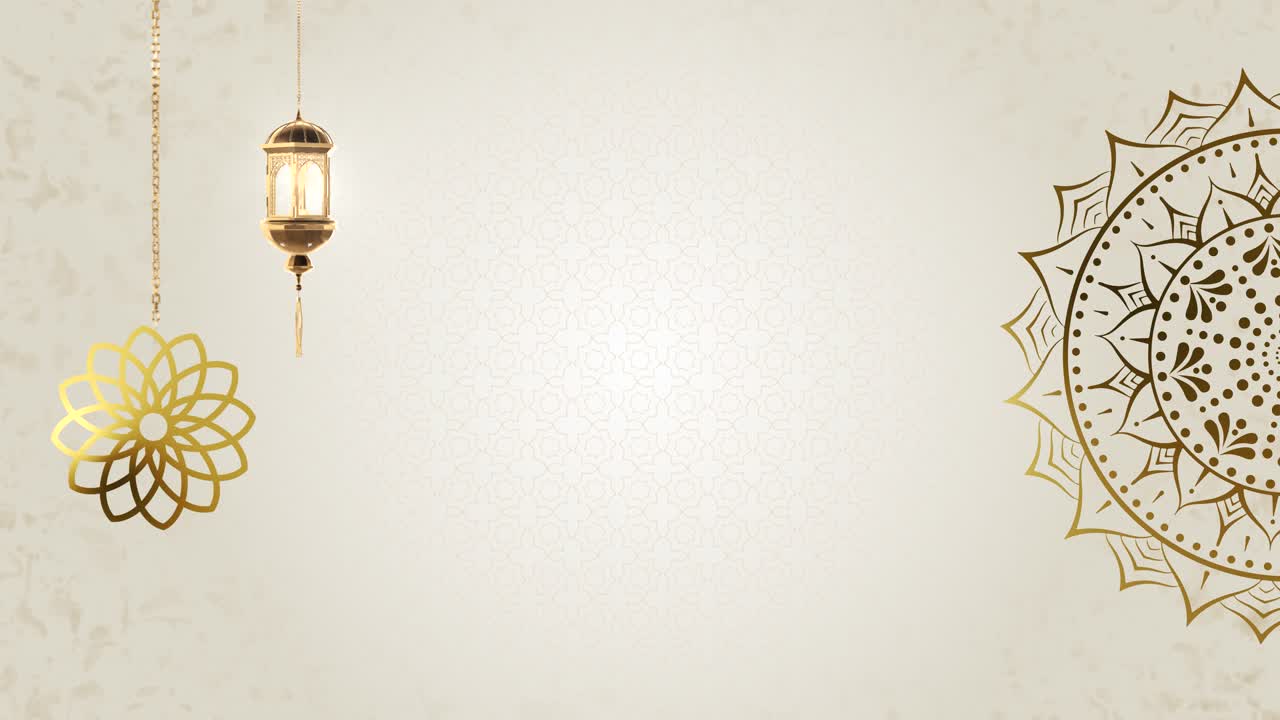 Animación en bucle de faroles árabes de Ramadán brillantes, banderas, luna decorativa, estrellas y luces sobre fondo dorado