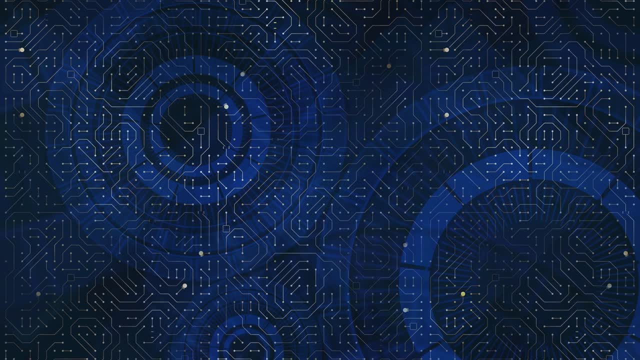 Loopable abstract motion background of dark blue circuit board patterns with white traces and large rotating translucent wheels, dynamic data flow and hidden processes at work