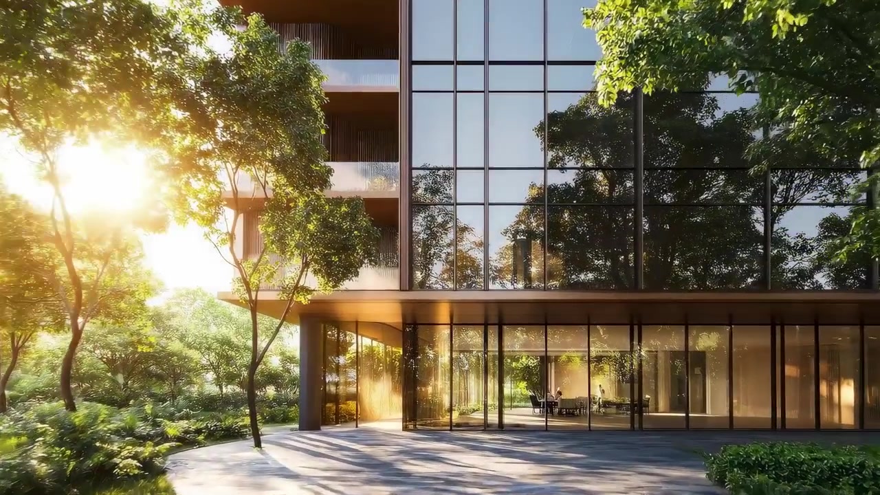 Edifício Moderno de Vidro Cercado por Vegetação Exuberante ao Pôr do Sol