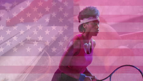 Playing tennis with American flag animation overlay in vibrant colors