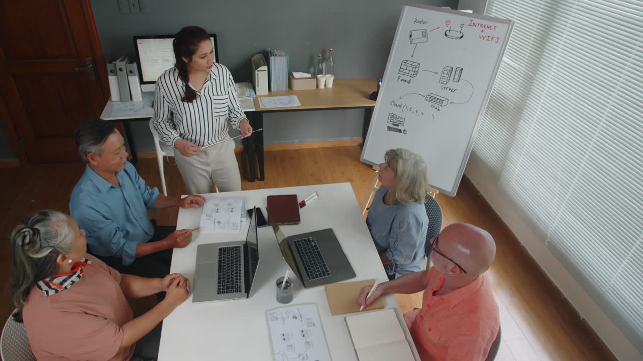 High Angle of Teacher Giving Computer Lesson to Seniors