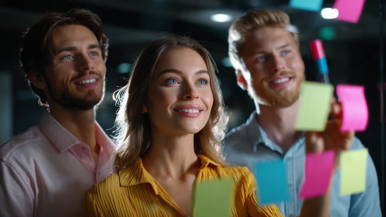 Et samarbejdshold diskuterer ideer omgivet af farverige sticky notes i et kreativt arbejdsområde, der fremhæver deres engagement og positive interaktioner under en brainstormsession