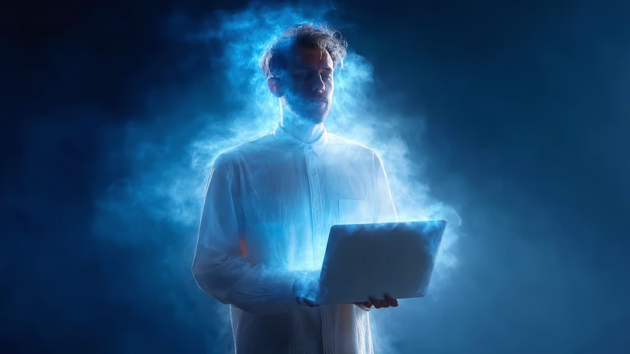 An ethereal figure engrossed in digital innovation, bathed in luminescent mist, embodies the intersection of technology and creativity in a mesmerizing visual narrative