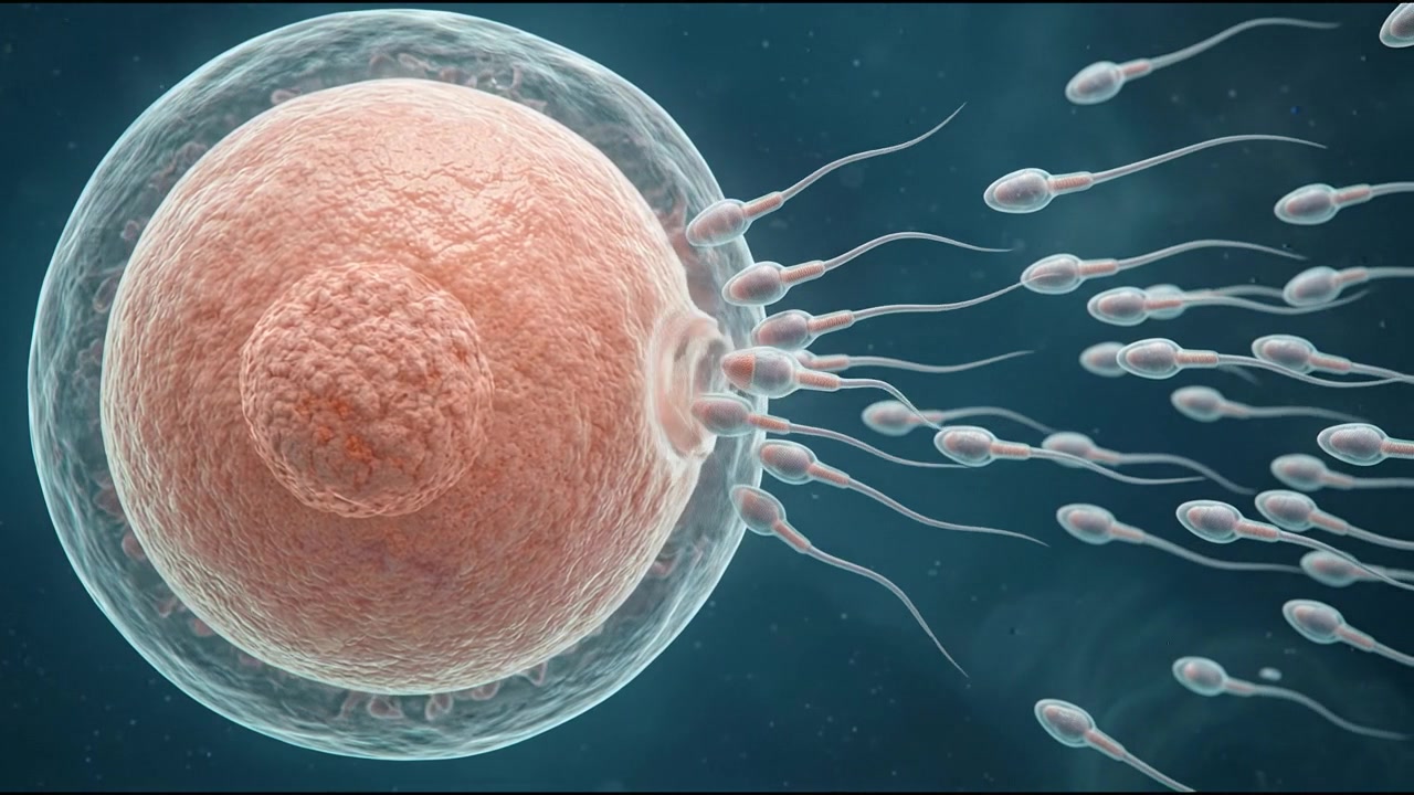 Human Fertilization Concept With Sperm Cells Approaching Egg Cell Animation
