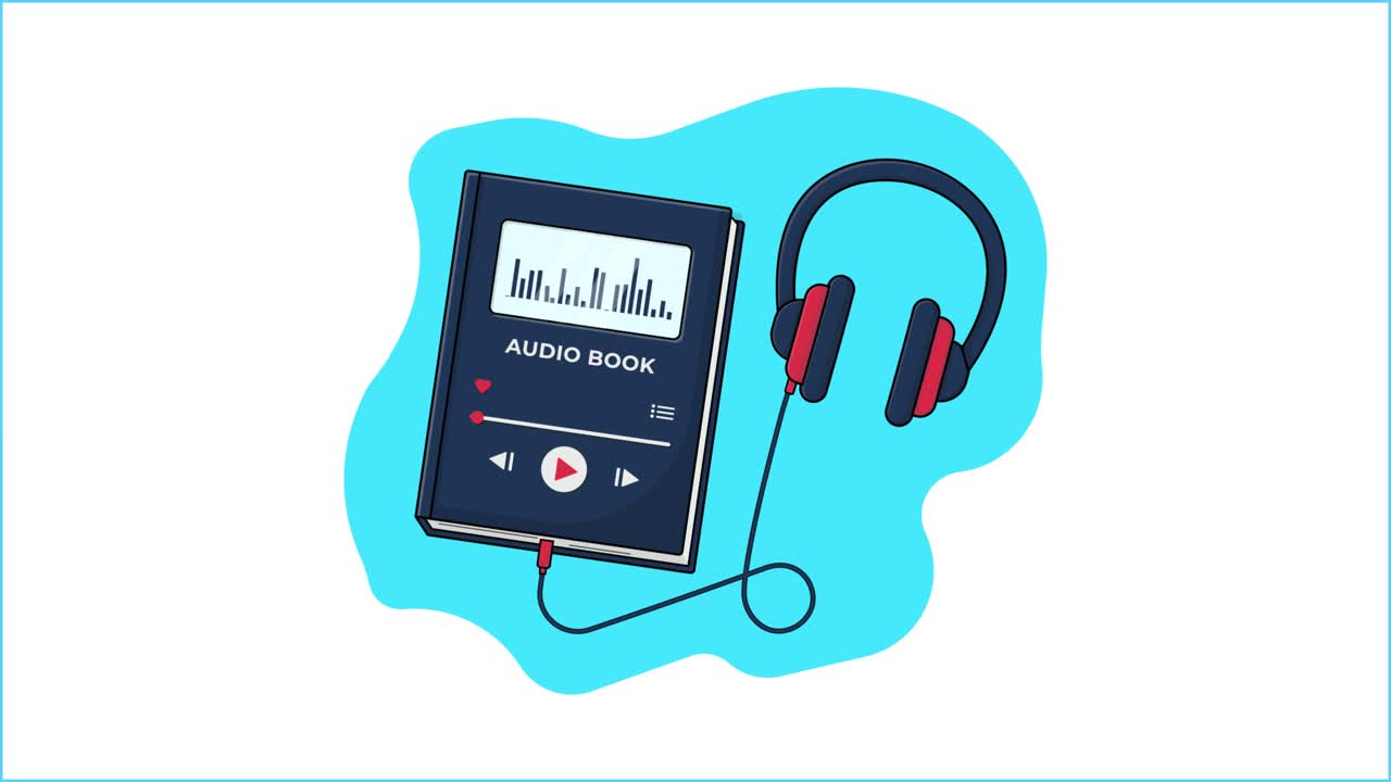 Concept di audiolibro animato con cuffie e controlli di riproduzione