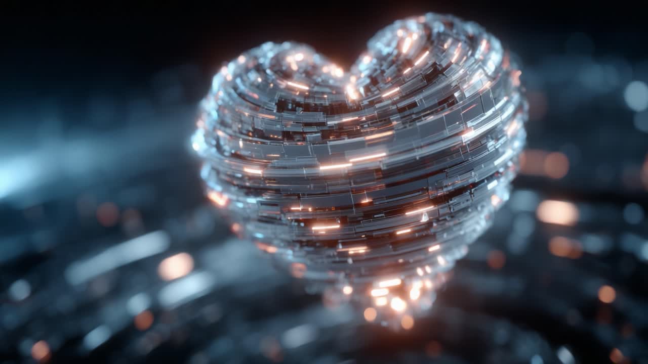 A Beautifully Crafted 3D Heart Construct Made of Metallic and Glowing Elements, Symbolizing Emotion and Connection in a Futuristic Digital Landscape