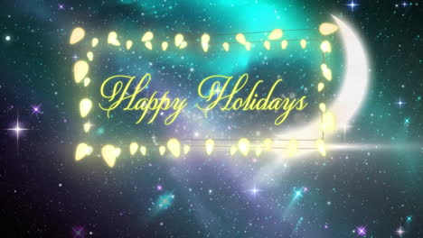 animation of happy holidays text over fairy lights banner against shining stars in space