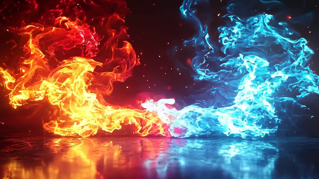 Two flames, one red and one blue, are shown in the air. The blue flame is larger than the red one