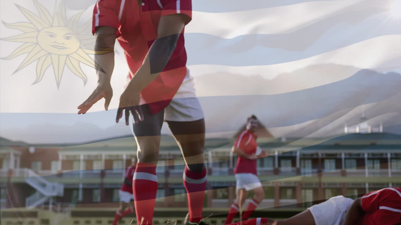 Rugby players tackling with Uruguay flag animation overlaying action scene