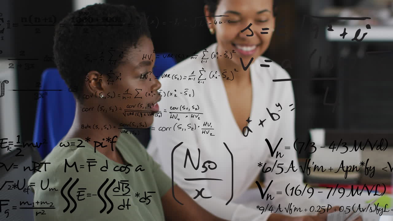 Animation of mathematical equations over diverse business people talking