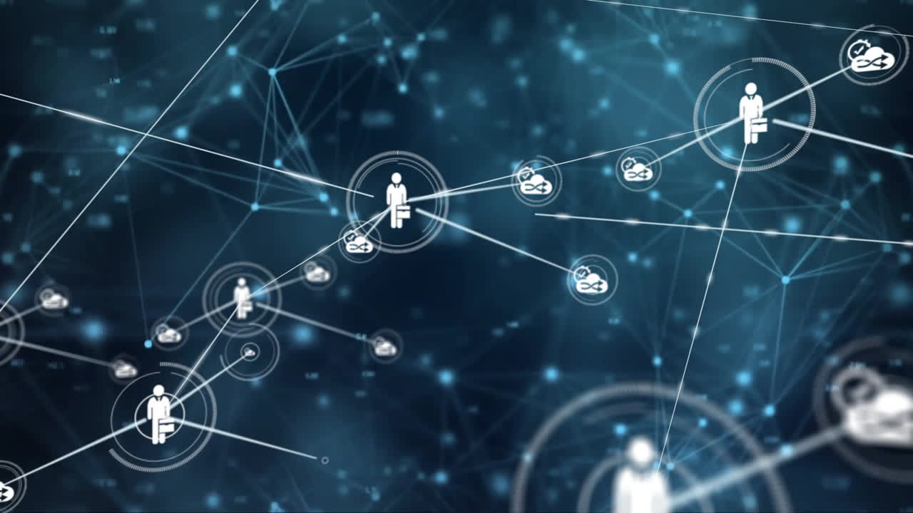 Animation of network of connections with people icons over dark background