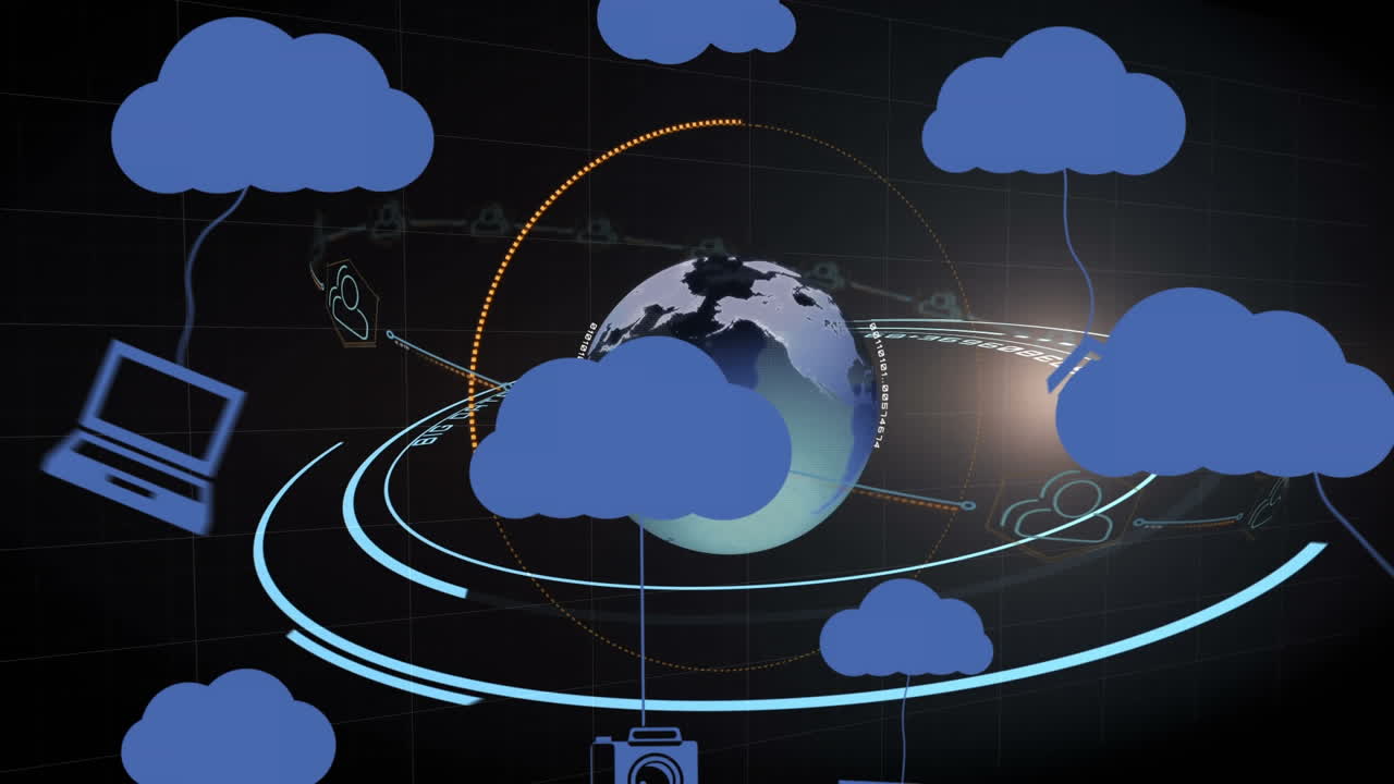 Animation of clouds with icons over globe