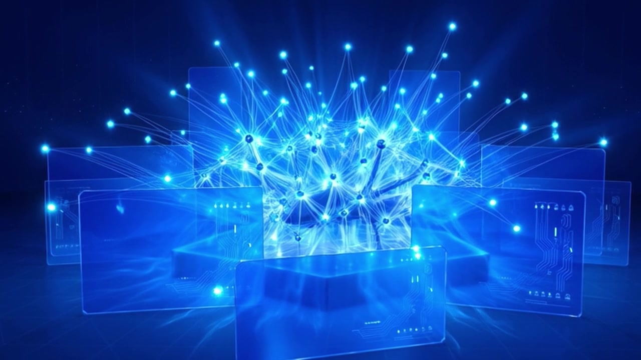 Digital Network Connection with Glowing Data Nodes and Circuitry