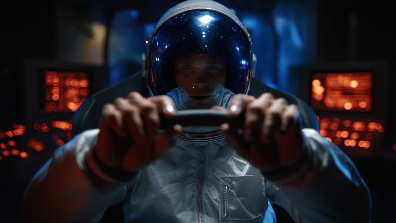 An astronaut navigates a futuristic spacecraft, intensely focused on the control panel illuminated with glowing buttons and screens against a starry backdrop