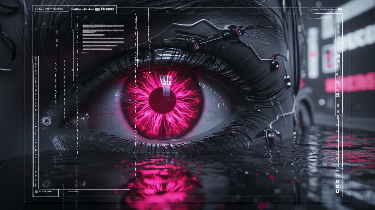 A Close-Up View of a Futuristic Eye Featuring a Vibrant Pink Iris, Circuitry Elements, and a Reflective Surface Highlighting the Intersection of Technology and Human Perception