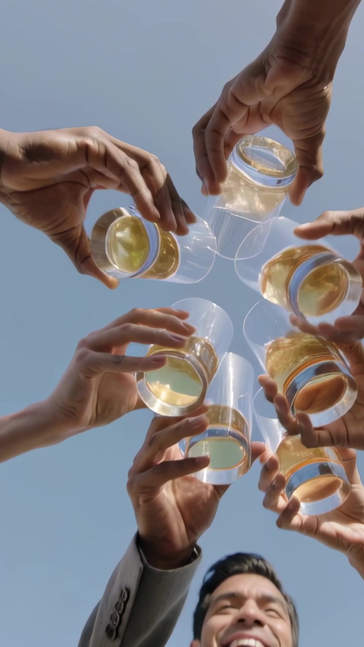 Vertical video: Raising glass, man in suit urging crew clinking clear cups, citrus on deck toasting