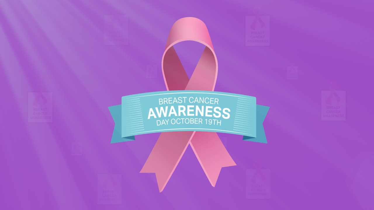 핑크색 유방암 리본 위에 유방암 인식 텍스트의 애니메이션