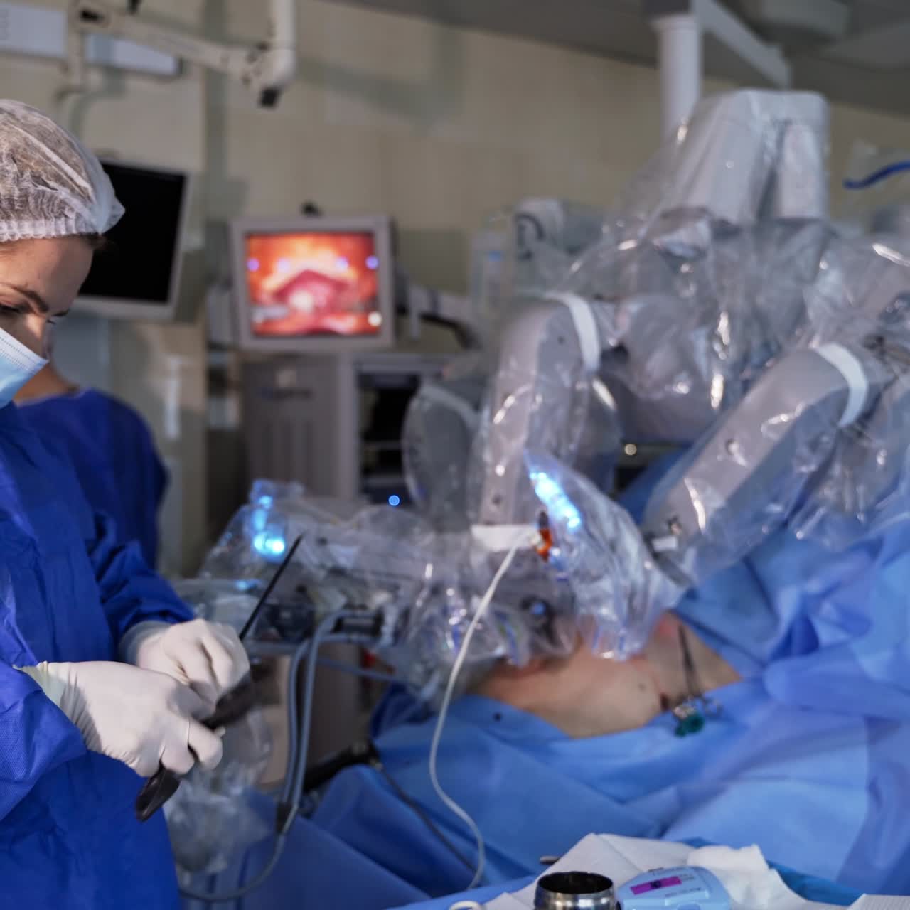 Female surgeon in uniform and mask preparing for operation. Woman doctor choosing the tools necessary for operation. Patient lying under the robotic surgery equipment