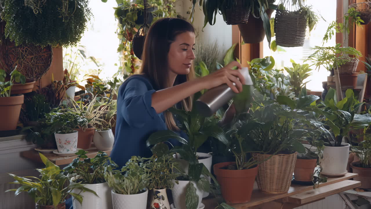 Woman caring for houseplants in a home garden