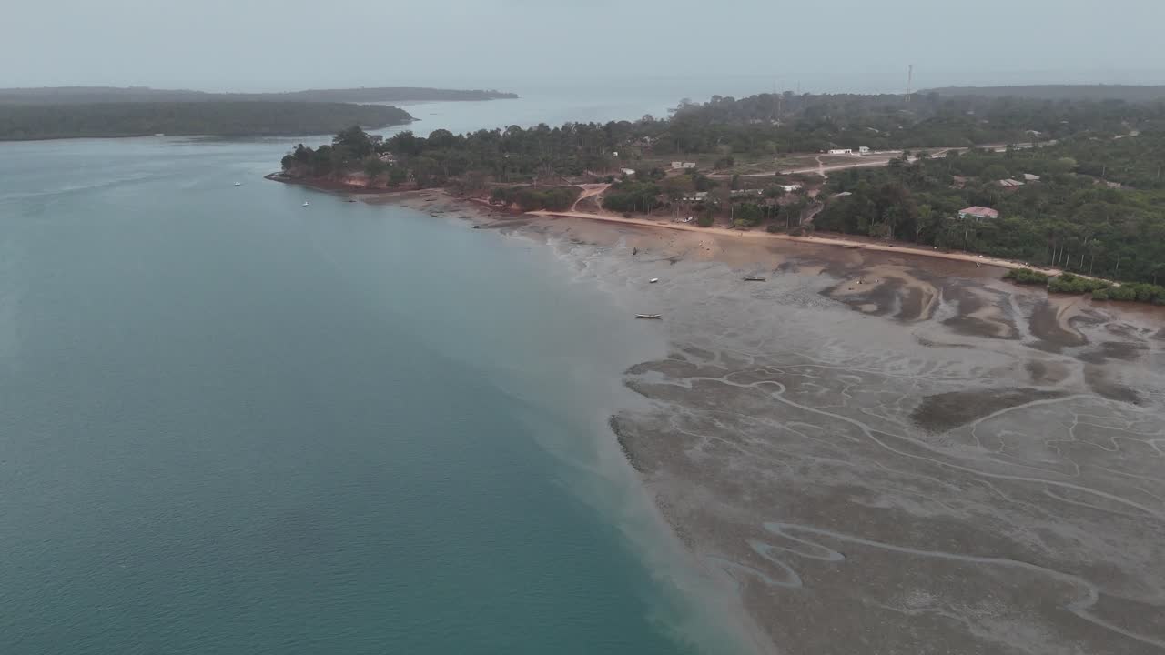 wide angle aerial view of Atlantic shore of the Bijagós Islands, Guinea-Bissau west africa coastline