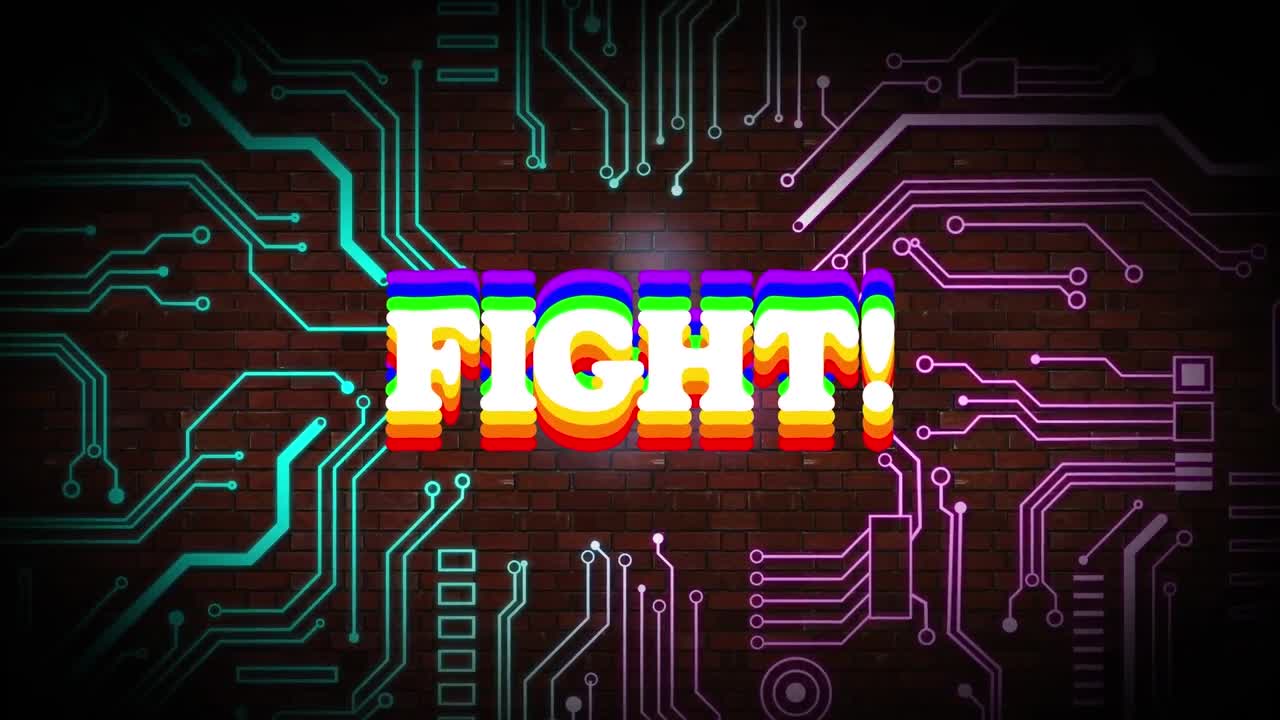 벽돌 배경에 있는 컴퓨터 회로판 위의 싸움 텍스트의 애니메이션