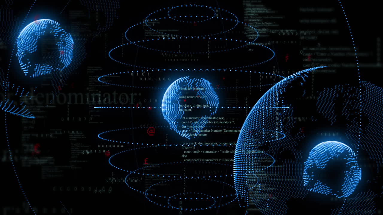 Animation of digital globe with orbiting lines and data points on dark background