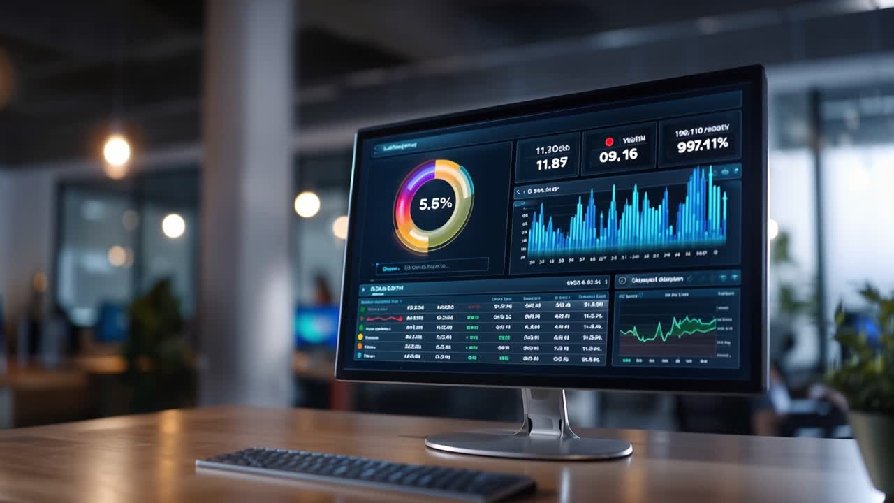 Analyzing Data Insights Through Visual Dashboards on a Modern Computer Display in a Contemporary Office Setting with Engaged Professionals Around