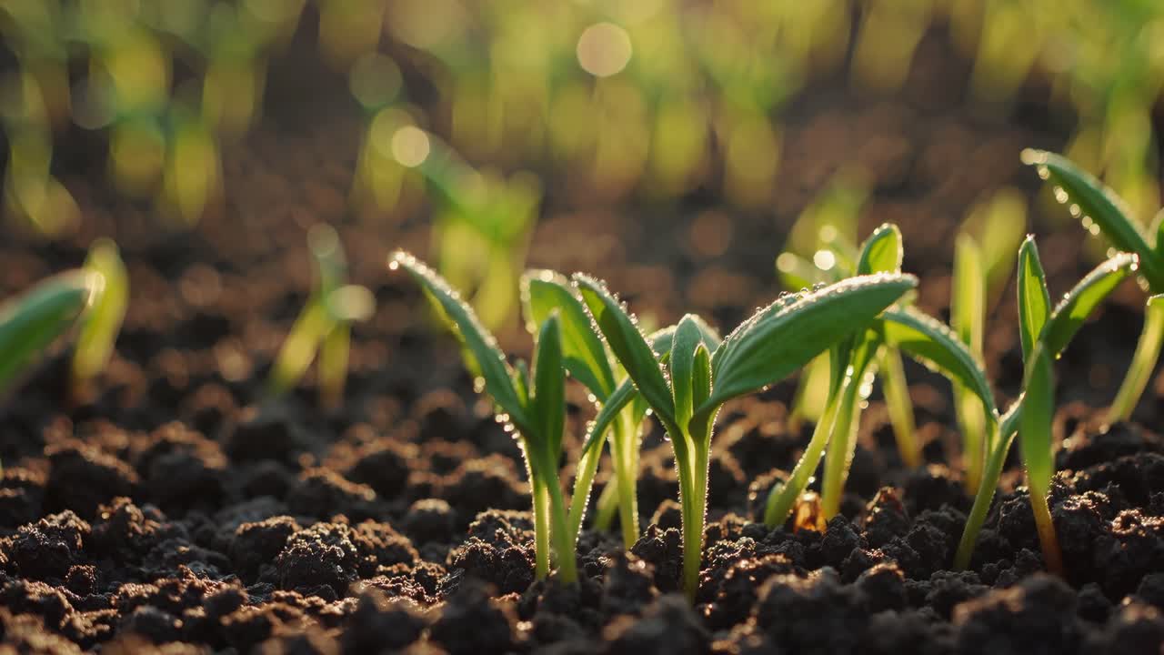 Close-up video shot of young green seedlings in a field, capturing morning light and dew