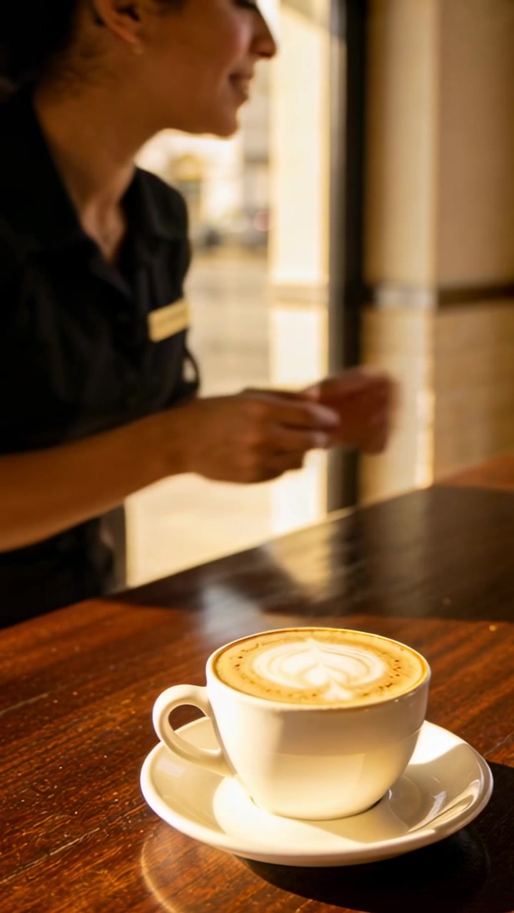 Video verticale: Barista in uniforme con targhetta che serve, posizionando tazze con latte art alla finestra, spazio per il testo