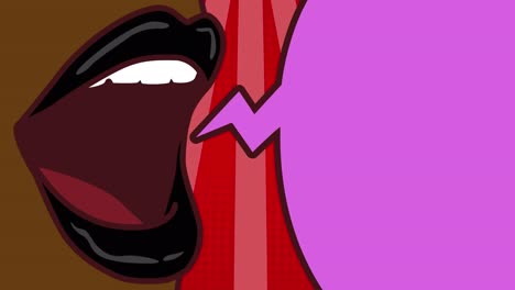 animación de burbuja de habla rosa retro y boca abierta sobre rayas rojas