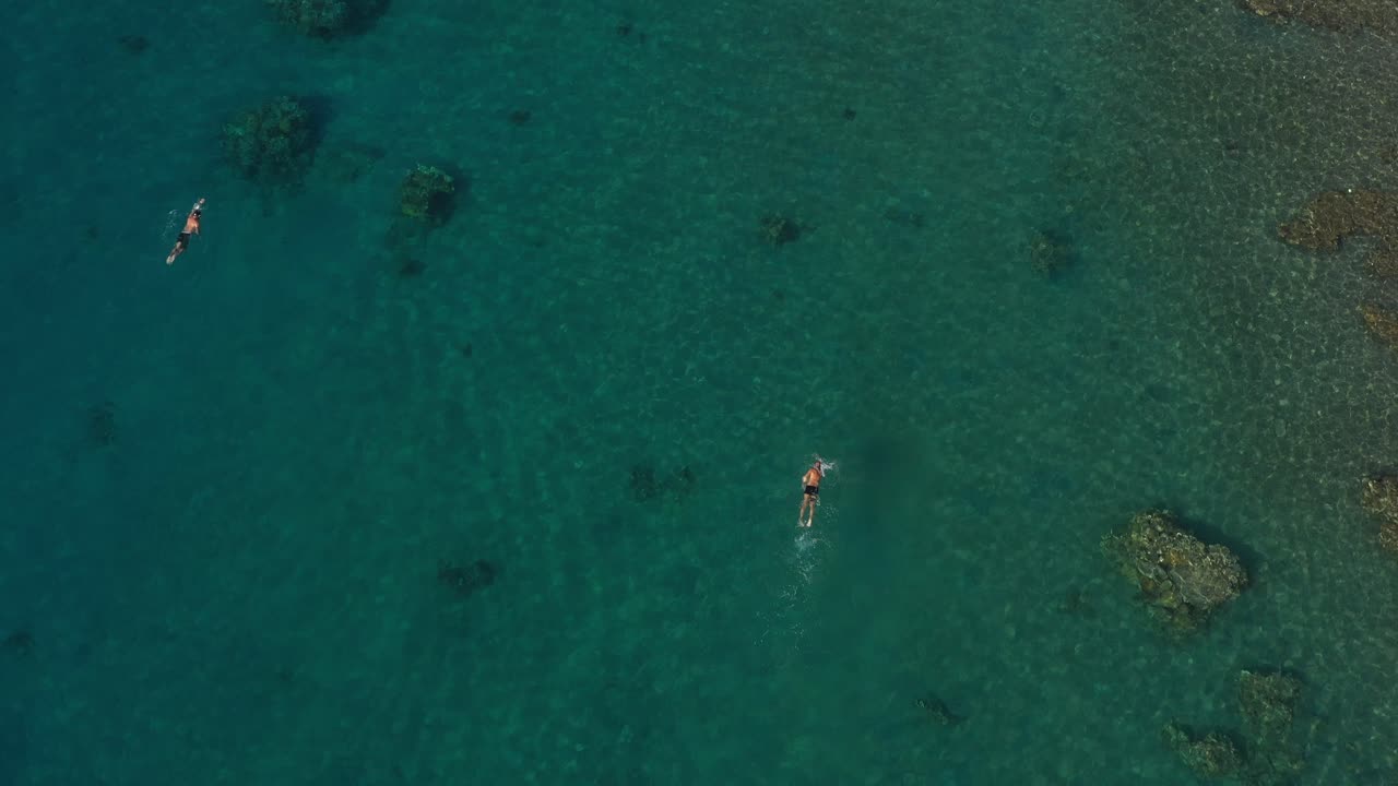 공주 해변, 에일랏, 이스라엘 하향식으로 아카바 만에서 맑은 바닷물에서 수영하는 사람들