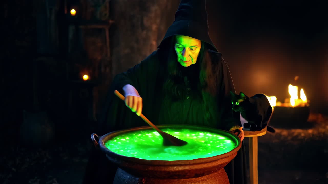 una bruja encantadora está preparando una poción intrigante y misteriosa en un reino oscuro y misterioso