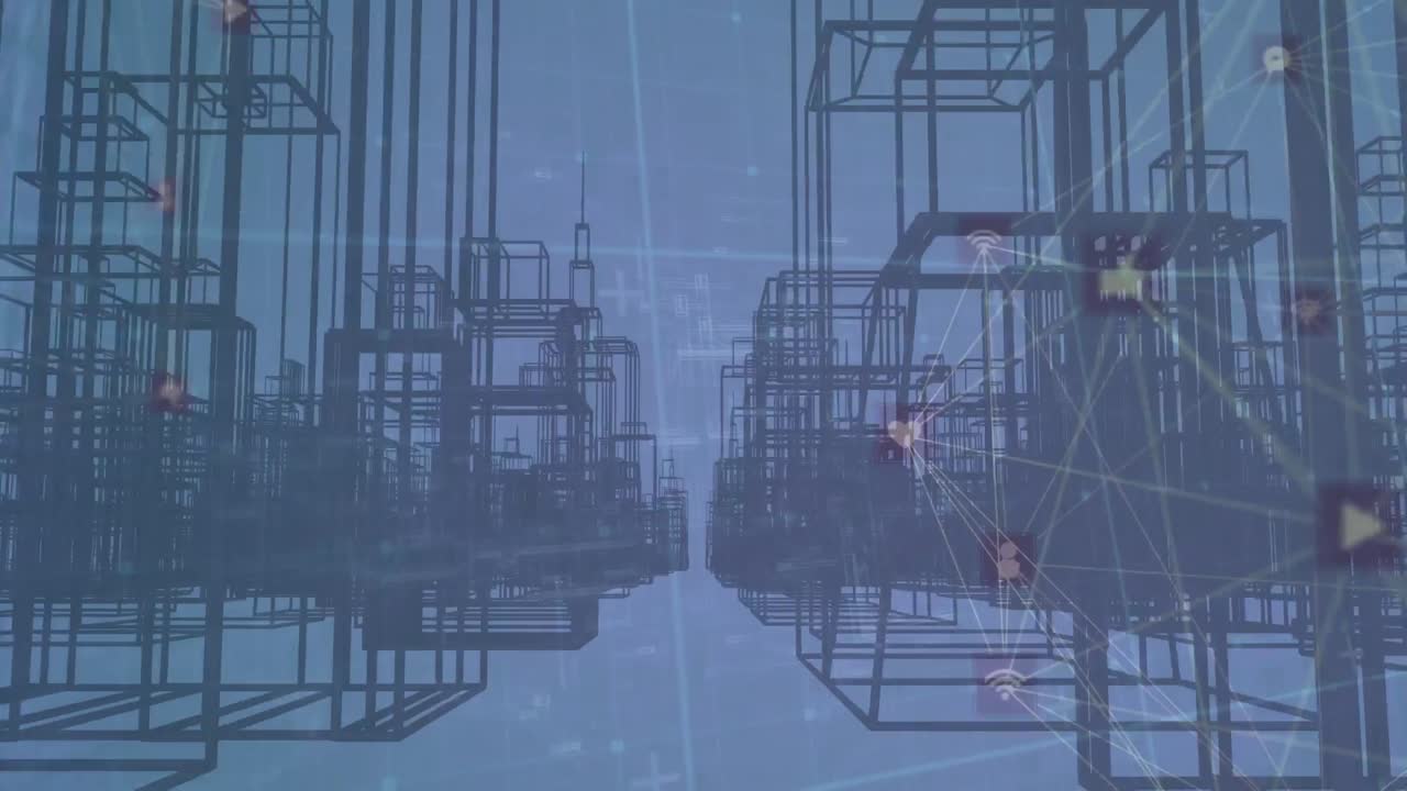 Animation of data processing with network of connections over cityscape