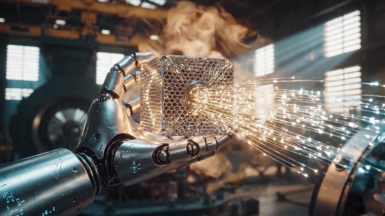 Futurystyczne ramię robota trzymające świecącą kostkę w warsztacie steampunkowym: Badanie połączenia technologii i wyobraźni w mechanicznym środowisku