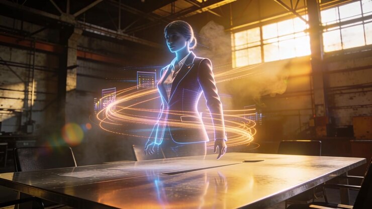 En hologram-professionel i jakkesæt og med håret i en knold materialiserer sig og roterer bag et metalbord